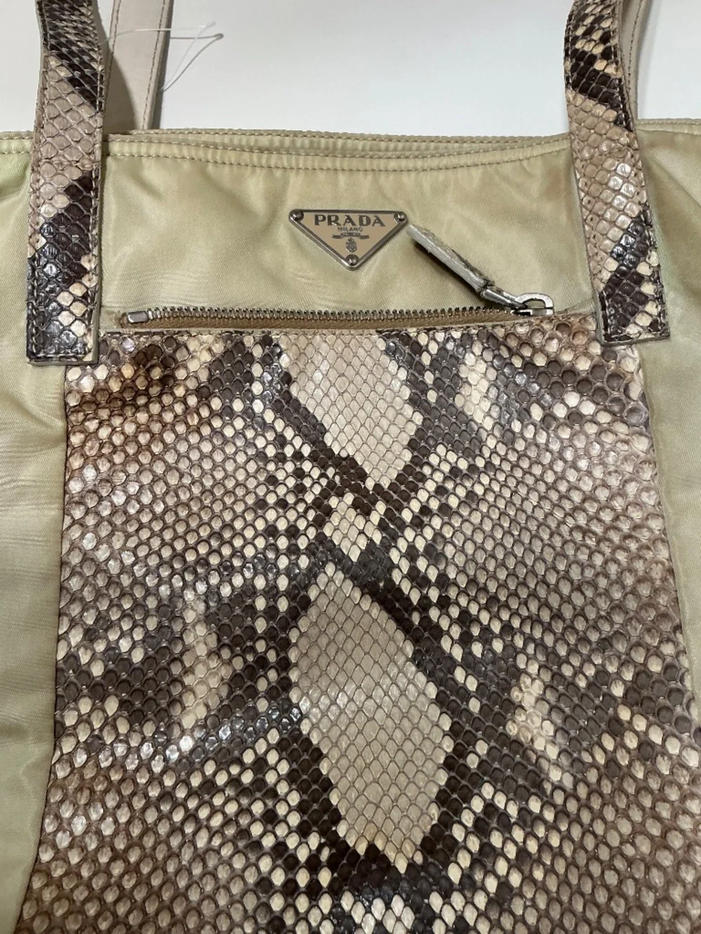 Prada beige nylon shoulder bag with genuine python accents